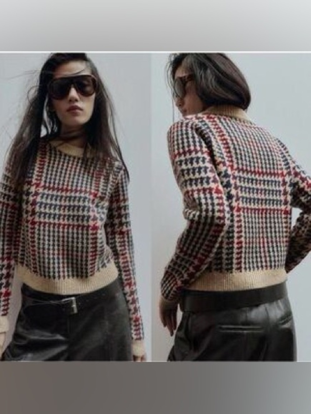 Zara Houndstooth Plaid Knit Sweater in Beige, Black & Red small
